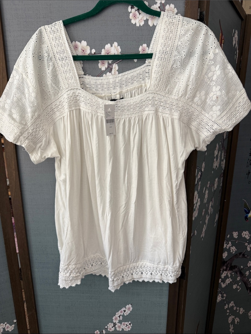 Lane Bryant White Lace-Trim Square Neck Blouse
